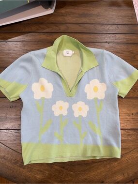 Luna Ivy Light Blue & Lime Floral Knit Polo Crop Top